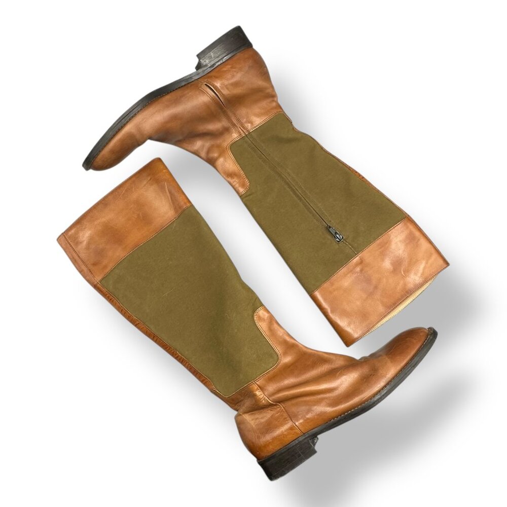 J. Crew Riding Knee Boots 9.5 M Leather Canvas Shoes Italy Brown Green Zip
